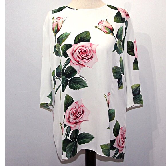 DOLCE & GABBANA Rose Print Stretch-Silk-Blend-Charmeuse Top US XXL = IT 54 $1545 - Picture 6 of 16